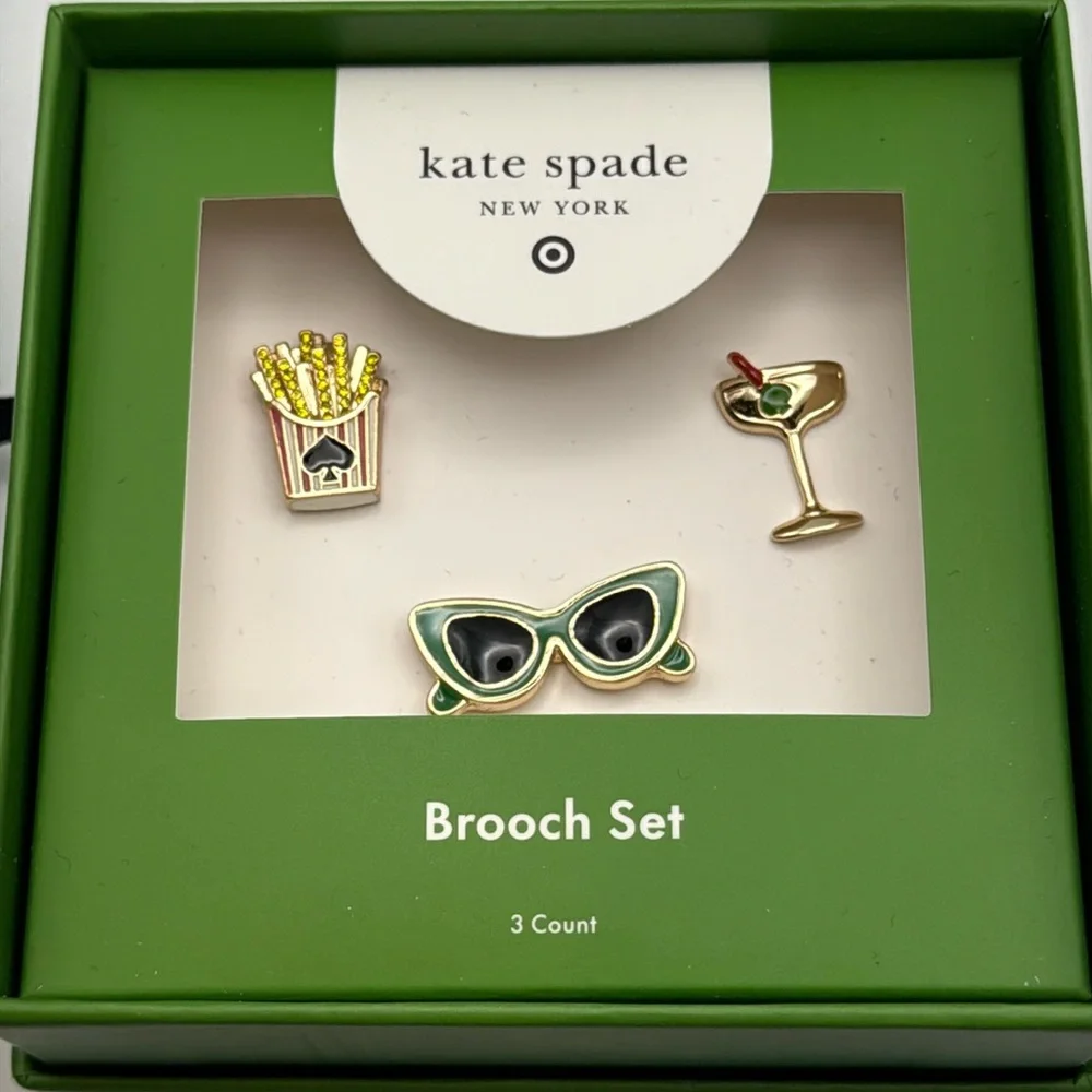 Kate Spade 3 piece Fries Martini Drink Sunglasses Black Green Gold Brooch Set - Picture 4 of 4